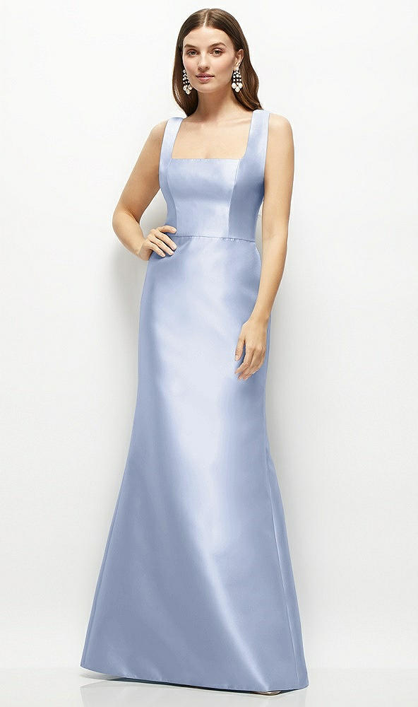 Front View - Sky Blue Satin Square Neck Fit and Flare Maxi Dress