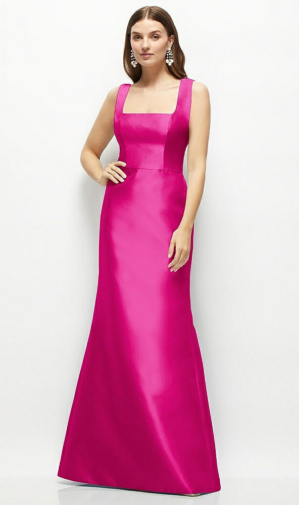 Front View - Think Pink Satin Square Neck Fit and Flare Maxi Dress