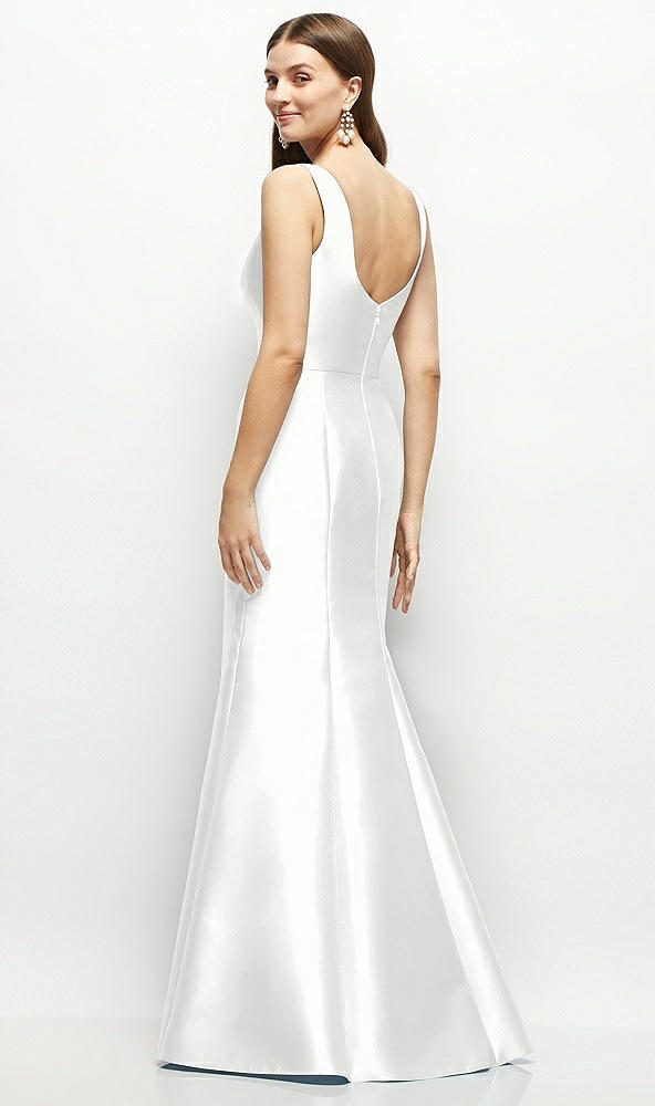 Back View - White Satin Square Neck Fit and Flare Maxi Dress