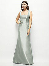 Front View Thumbnail - Willow Green Satin Square Neck Fit and Flare Maxi Dress