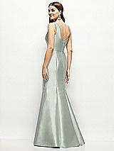 Rear View Thumbnail - Willow Green Satin Square Neck Fit and Flare Maxi Dress