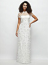 Front View Thumbnail - Ivory 3D Floral Embroidered Puff Sleeve A-line Maxi Dress with Petal-Adorned Illusion Neckline