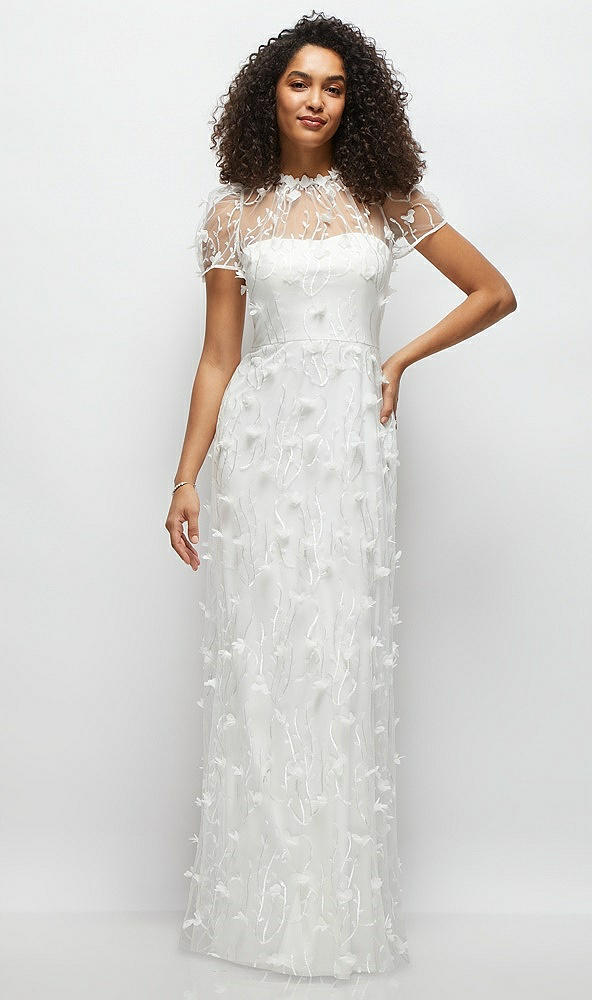 Front View - Ivory 3D Floral Embroidered Puff Sleeve A-line Maxi Dress with Petal-Adorned Illusion Neckline