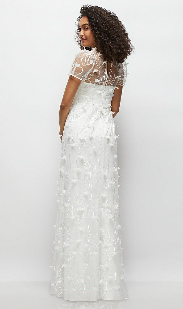 Back View - Ivory 3D Floral Embroidered Puff Sleeve A-line Maxi Dress with Petal-Adorned Illusion Neckline