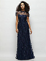 Front View Thumbnail - Midnight Navy 3D Floral Embroidered Puff Sleeve A-line Maxi Dress with Petal-Adorned Illusion Neckline