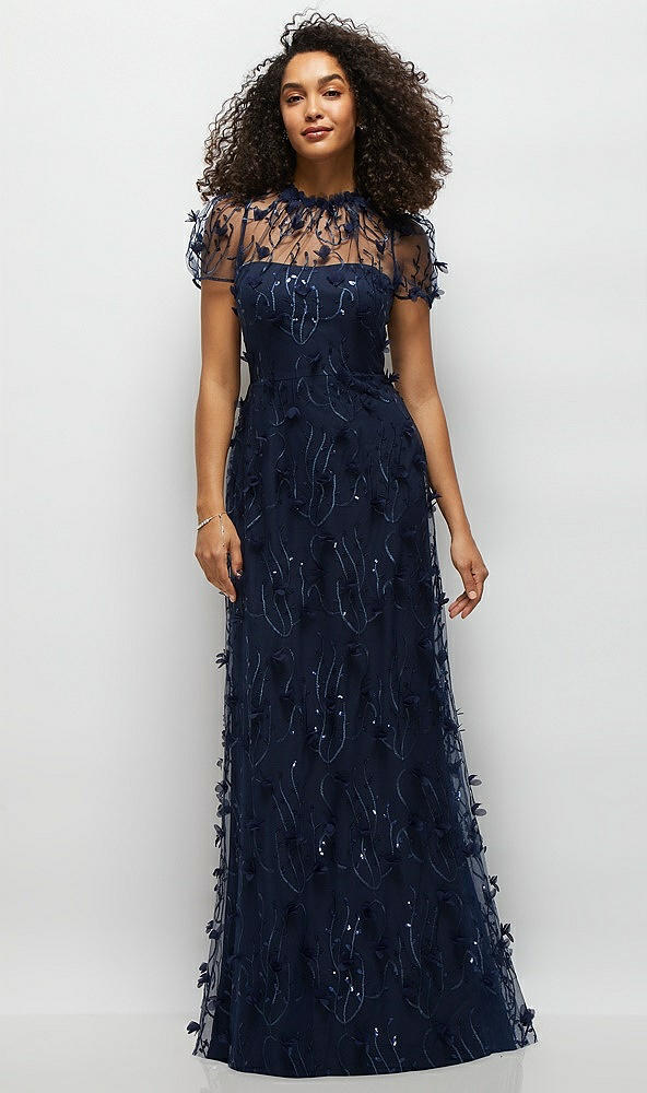 Front View - Midnight Navy 3D Floral Embroidered Puff Sleeve A-line Maxi Dress with Petal-Adorned Illusion Neckline