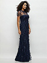 Side View Thumbnail - Midnight Navy 3D Floral Embroidered Puff Sleeve A-line Maxi Dress with Petal-Adorned Illusion Neckline
