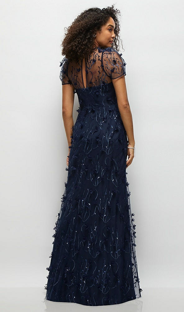 Back View - Midnight Navy 3D Floral Embroidered Puff Sleeve A-line Maxi Dress with Petal-Adorned Illusion Neckline