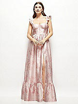 Front View Thumbnail - Bow And Blossom Print Floral Satin Corset Maxi Dress with Ruffle Straps & Skirt