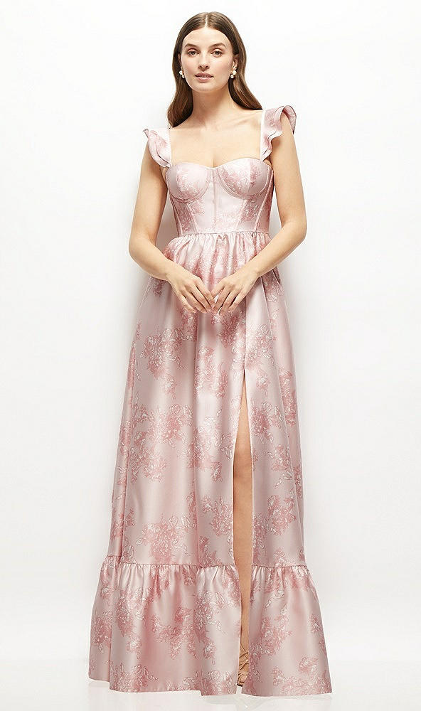 Front View - Bow And Blossom Print Floral Satin Corset Maxi Dress with Ruffle Straps & Skirt