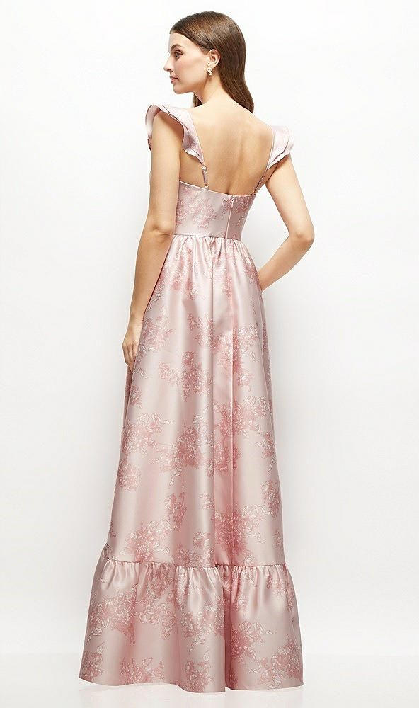 Back View - Bow And Blossom Print Floral Satin Corset Maxi Dress with Ruffle Straps & Skirt