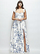 Alt View 1 Thumbnail - Cottage Rose Larkspur Floral Satin Corset Maxi Dress with Ruffle Straps & Skirt