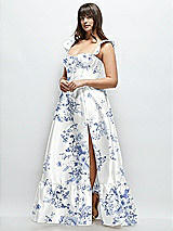 Alt View 2 Thumbnail - Cottage Rose Larkspur Floral Satin Corset Maxi Dress with Ruffle Straps & Skirt