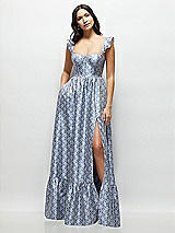 Front View Thumbnail - Chambray Marguerite Floral Corset Maxi Dress with Ruffle Straps & Skirt
