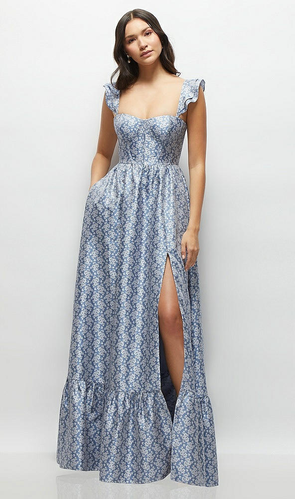 Front View - Chambray Marguerite Floral Corset Maxi Dress with Ruffle Straps & Skirt