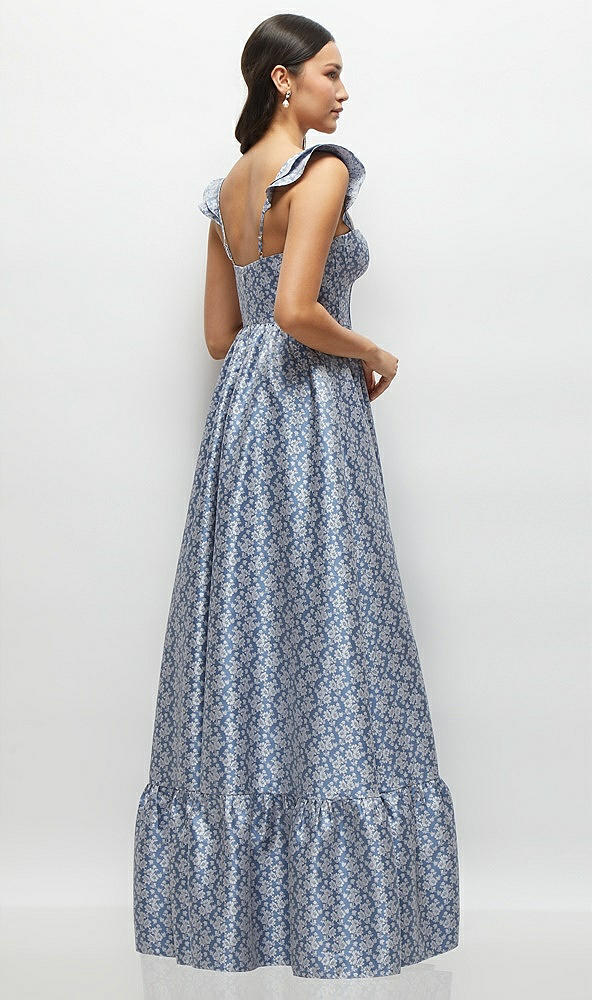 Back View - Chambray Marguerite Floral Corset Maxi Dress with Ruffle Straps & Skirt