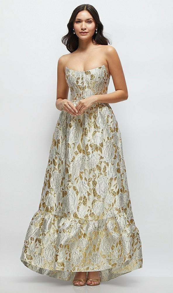 Front View - Winter Rose Strapless Cat-Eye Boned Bodice Brocade High-Low Dress