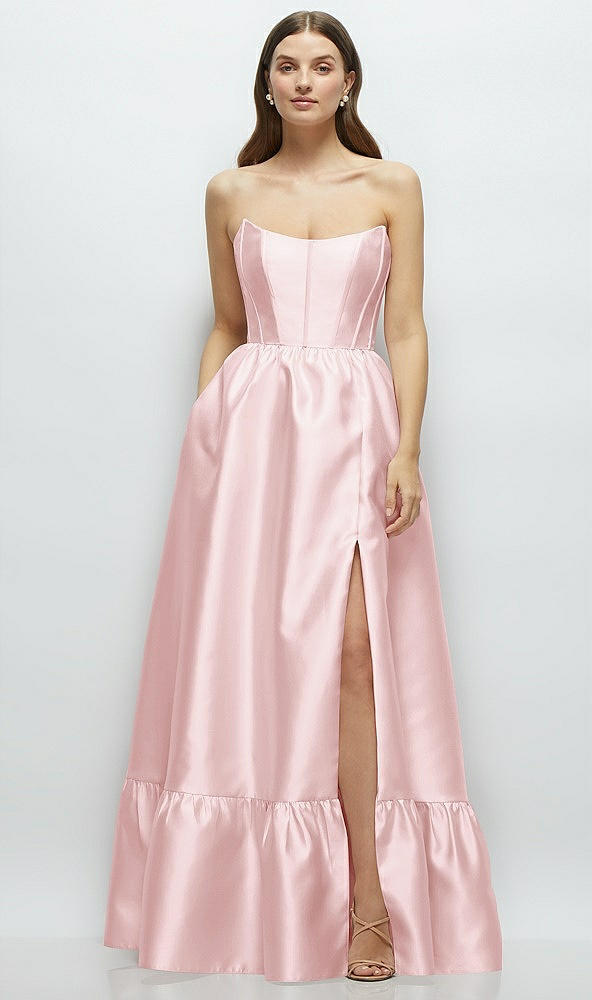 Front View - Ballet Pink Strapless Cat-Eye Boned Bodice Maxi Dress with Ruffle Hem