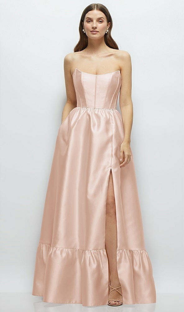 Front View - Cameo Strapless Cat-Eye Boned Bodice Maxi Dress with Ruffle Hem