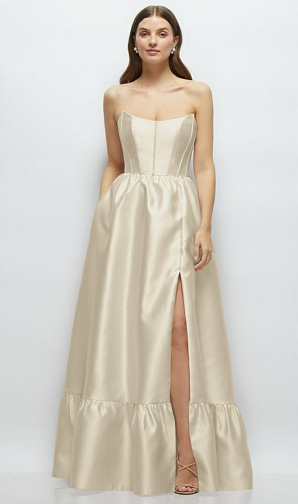 Front View - Champagne Strapless Cat-Eye Boned Bodice Maxi Dress with Ruffle Hem
