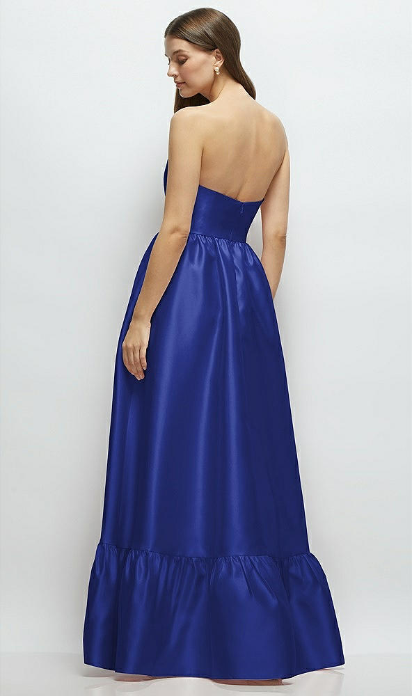 Back View - Cobalt Blue Strapless Cat-Eye Boned Bodice Maxi Dress with Ruffle Hem