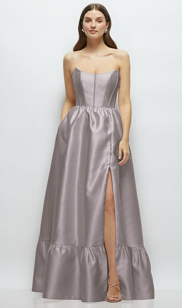 Front View - Cashmere Gray Strapless Cat-Eye Boned Bodice Maxi Dress with Ruffle Hem