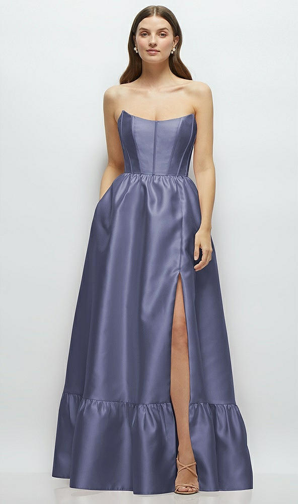 Front View - French Blue Strapless Cat-Eye Boned Bodice Maxi Dress with Ruffle Hem