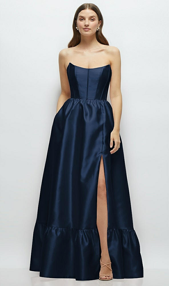 Front View - Midnight Navy Strapless Cat-Eye Boned Bodice Maxi Dress with Ruffle Hem