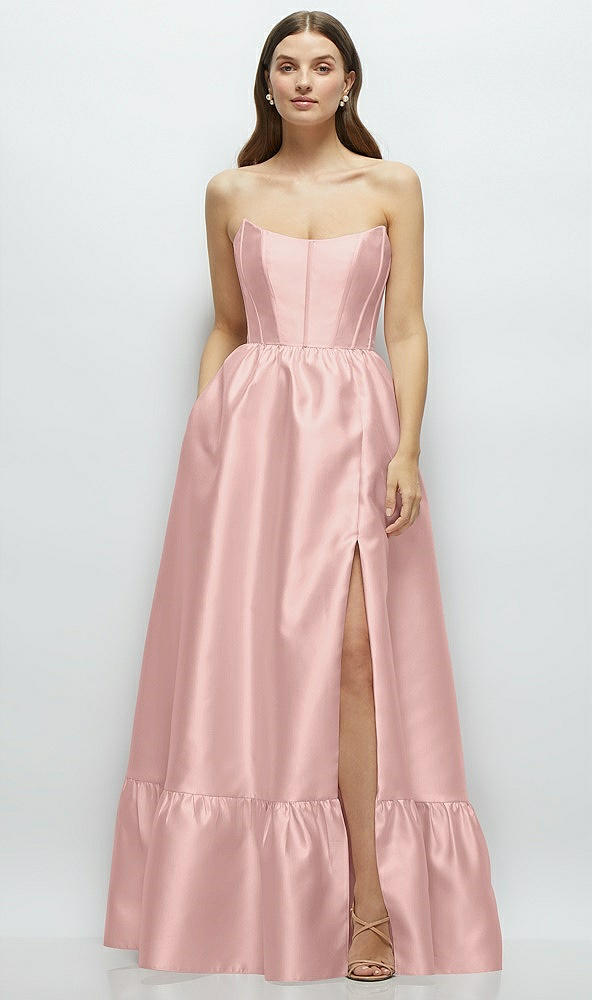 Front View - Rose - PANTONE Rose Quartz Strapless Cat-Eye Boned Bodice Maxi Dress with Ruffle Hem