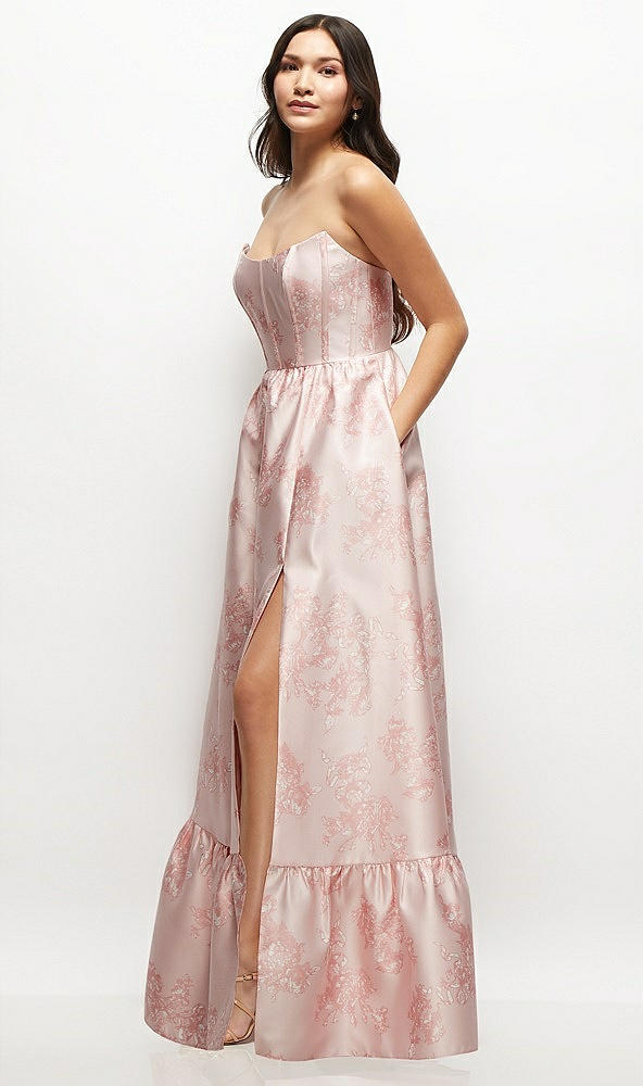 Front View - Bow And Blossom Print Floral Strapless Cat-Eye Boned Bodice Maxi Dress with Ruffle Hem