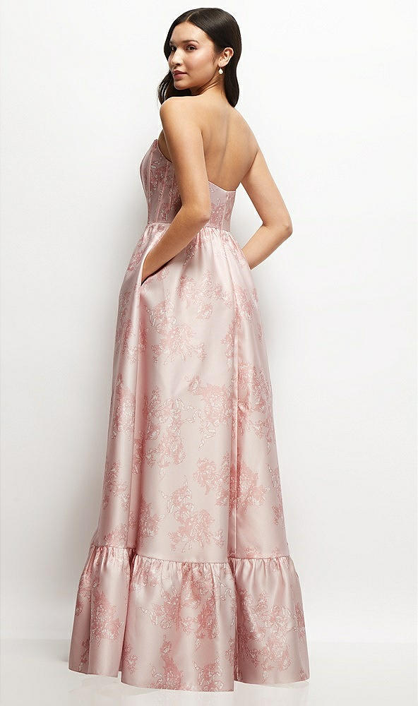Back View - Bow And Blossom Print Floral Strapless Cat-Eye Boned Bodice Maxi Dress with Ruffle Hem