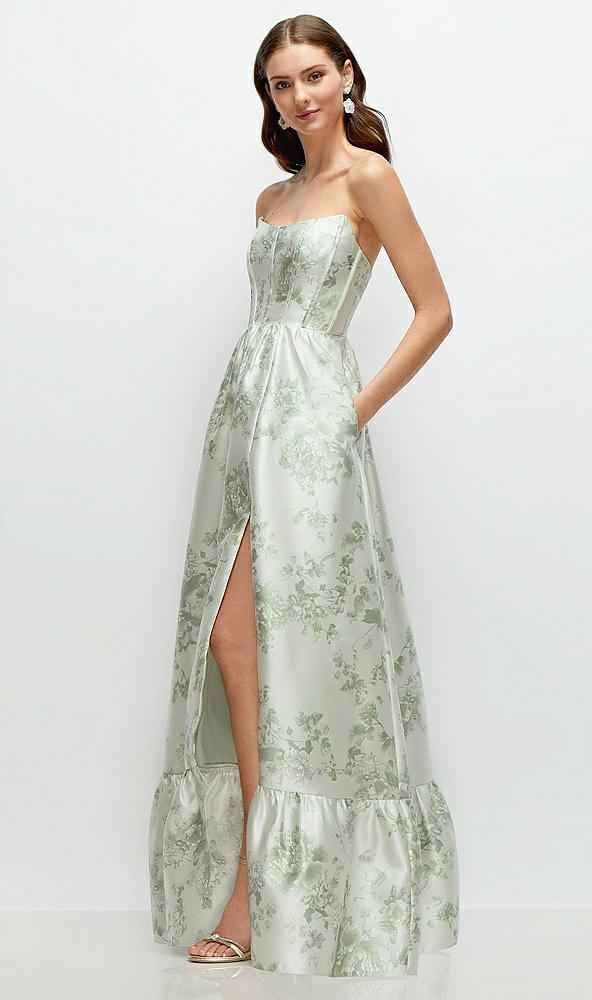 Front View - Cottage Rose Sage Floral Strapless Cat-Eye Boned Bodice Maxi Dress with Ruffle Hem