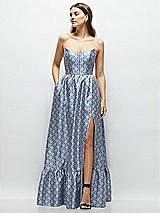 Front View Thumbnail - Chambray Marguerite Floral Strapless Cat-Eye Bodice Maxi Dress with Ruffle Hem