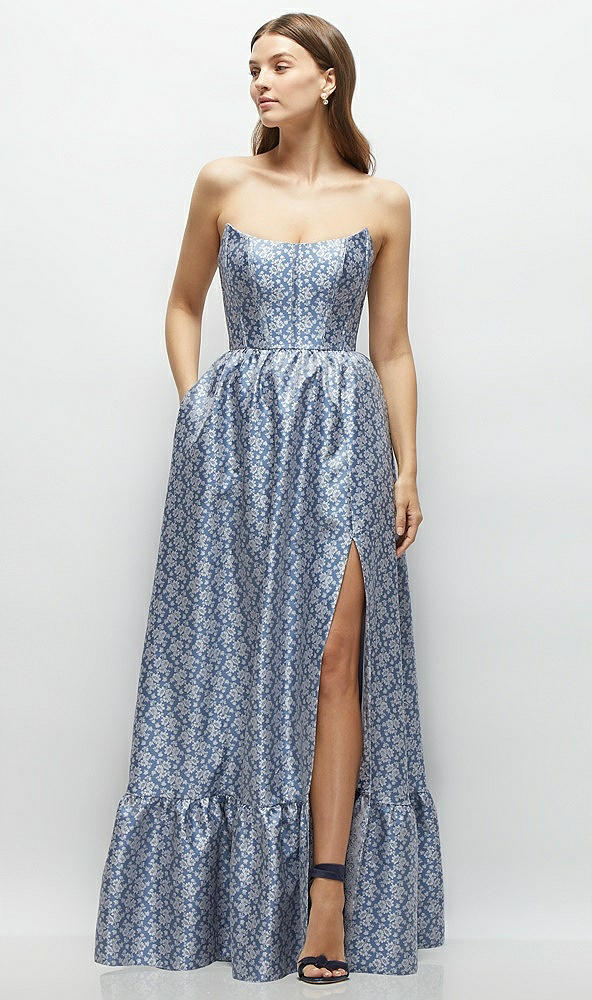 Front View - Chambray Marguerite Floral Strapless Cat-Eye Bodice Maxi Dress with Ruffle Hem