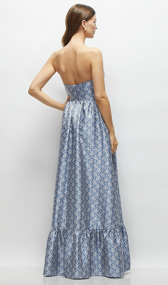 Back View - Chambray Marguerite Floral Strapless Cat-Eye Bodice Maxi Dress with Ruffle Hem