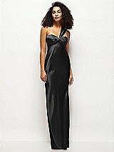 Front View Thumbnail - Black Satin Twist Bandeau One-Shoulder Bias Maxi Dress