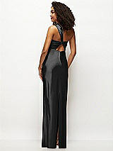 Rear View Thumbnail - Black Satin Twist Bandeau One-Shoulder Bias Maxi Dress