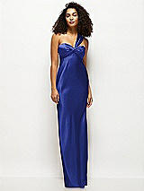 Front View Thumbnail - Cobalt Blue Satin Twist Bandeau One-Shoulder Bias Maxi Dress