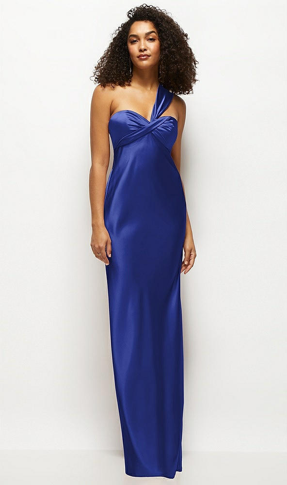 Front View - Cobalt Blue Satin Twist Bandeau One-Shoulder Bias Maxi Dress