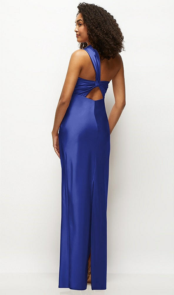 Back View - Cobalt Blue Satin Twist Bandeau One-Shoulder Bias Maxi Dress