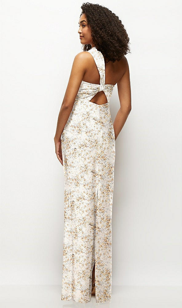 Back View - Golden Hour Floral Satin Twist Bandeau One-Shoulder Bias Maxi Dress