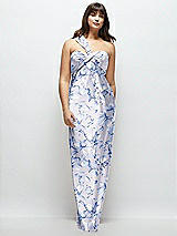 Front View Thumbnail - Magnolia Sky Floral Satin Twist Bandeau One-Shoulder Bias Maxi Dress