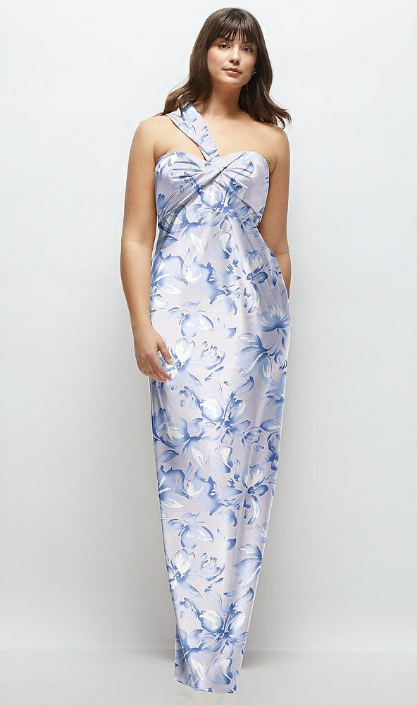 Front View - Magnolia Sky Floral Satin Twist Bandeau One-Shoulder Bias Maxi Dress