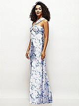Side View Thumbnail - Magnolia Sky Floral Satin Twist Bandeau One-Shoulder Bias Maxi Dress