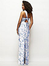 Rear View Thumbnail - Magnolia Sky Floral Satin Twist Bandeau One-Shoulder Bias Maxi Dress