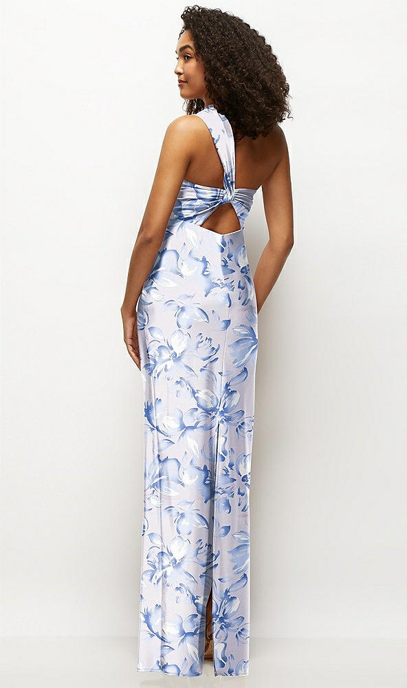 Back View - Magnolia Sky Floral Satin Twist Bandeau One-Shoulder Bias Maxi Dress