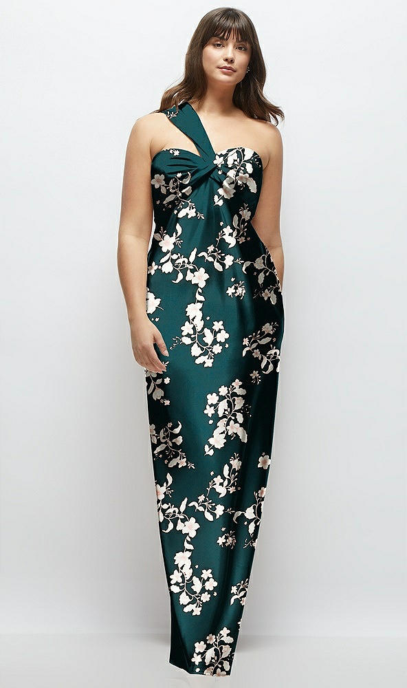 Front View - Vintage Primrose Floral Satin Twist Bandeau One-Shoulder Bias Maxi Dress