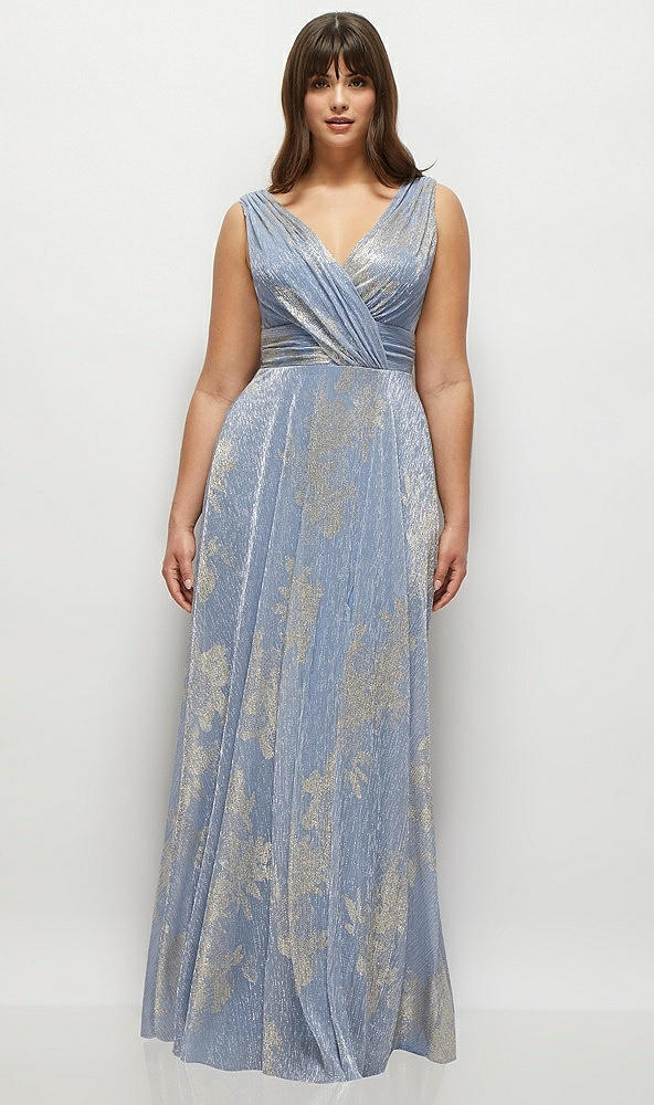 Front View - Larkspur Gold Foil Draped V-Neck Gold Floral Metallic Pleated Maxi Dress