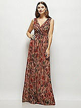 Front View Thumbnail - Harvest Floral Print Draped V-Neck Fall Floral Pleated Metallic Maxi Dress