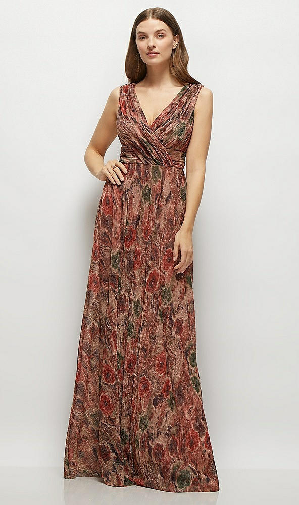 Front View - Harvest Floral Print Draped V-Neck Fall Floral Pleated Metallic Maxi Dress